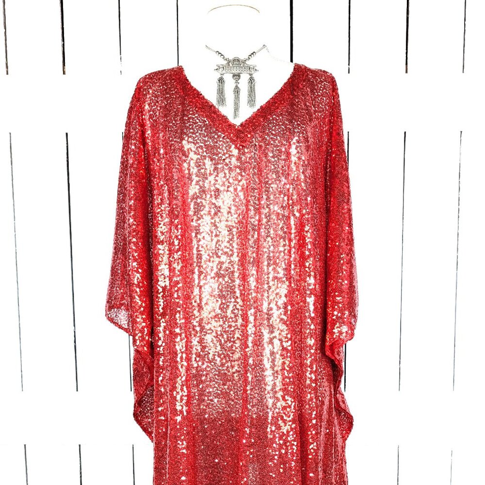 Red sequins kimono vneck caftan cover up tunic dress
